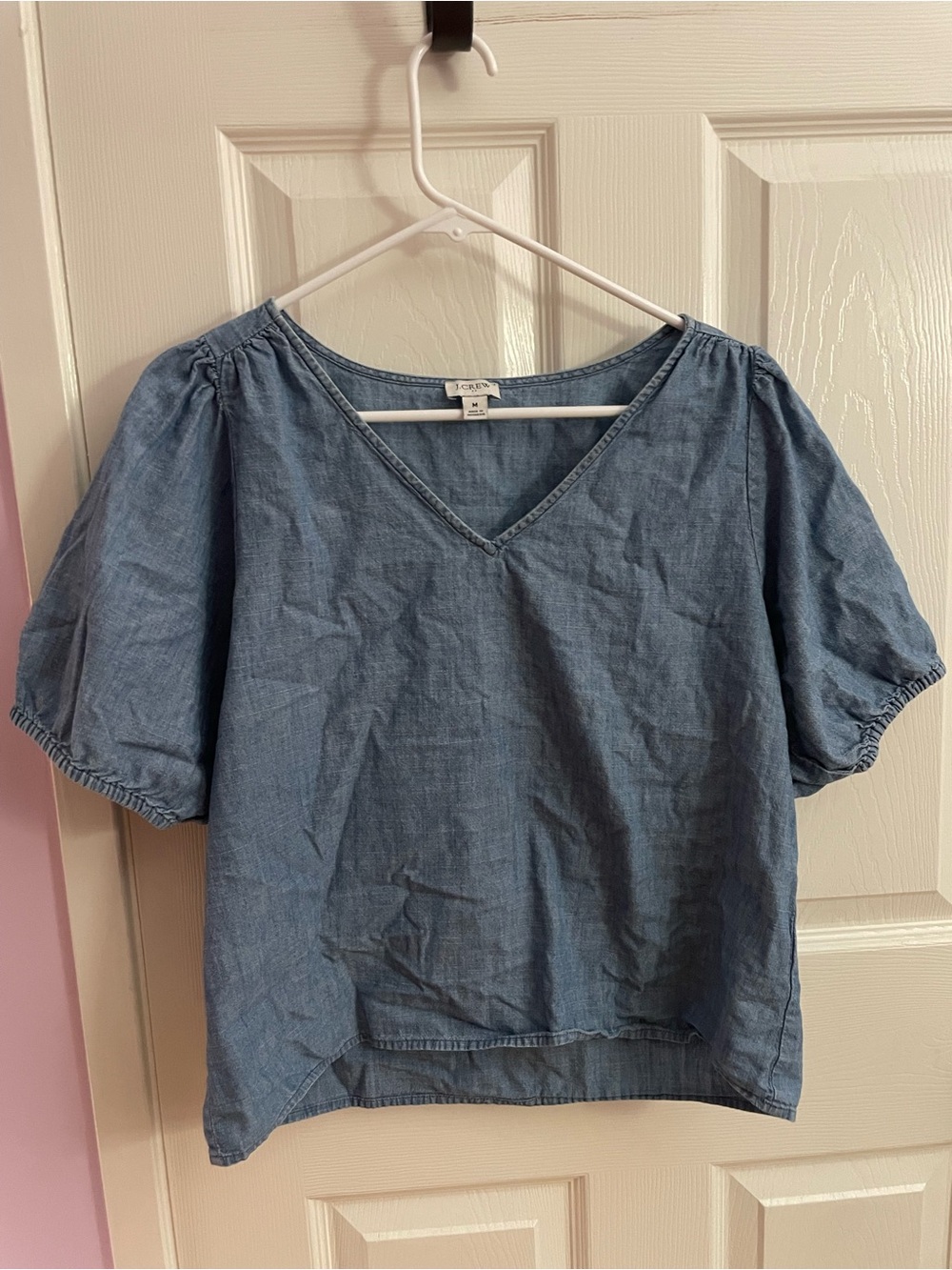 J. Crew Light Blue Chambray V-Neck Puff Sleeve Top